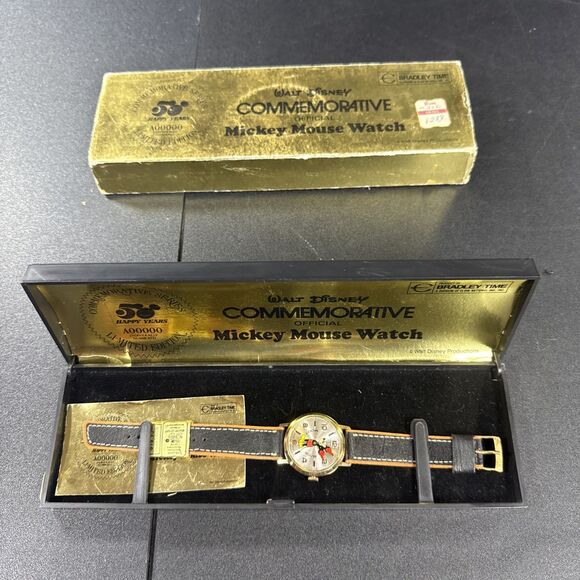 Other - NICE! Bradley 50th Anniversary Mickey Mouse Round Gold Black Leather Watch J1975